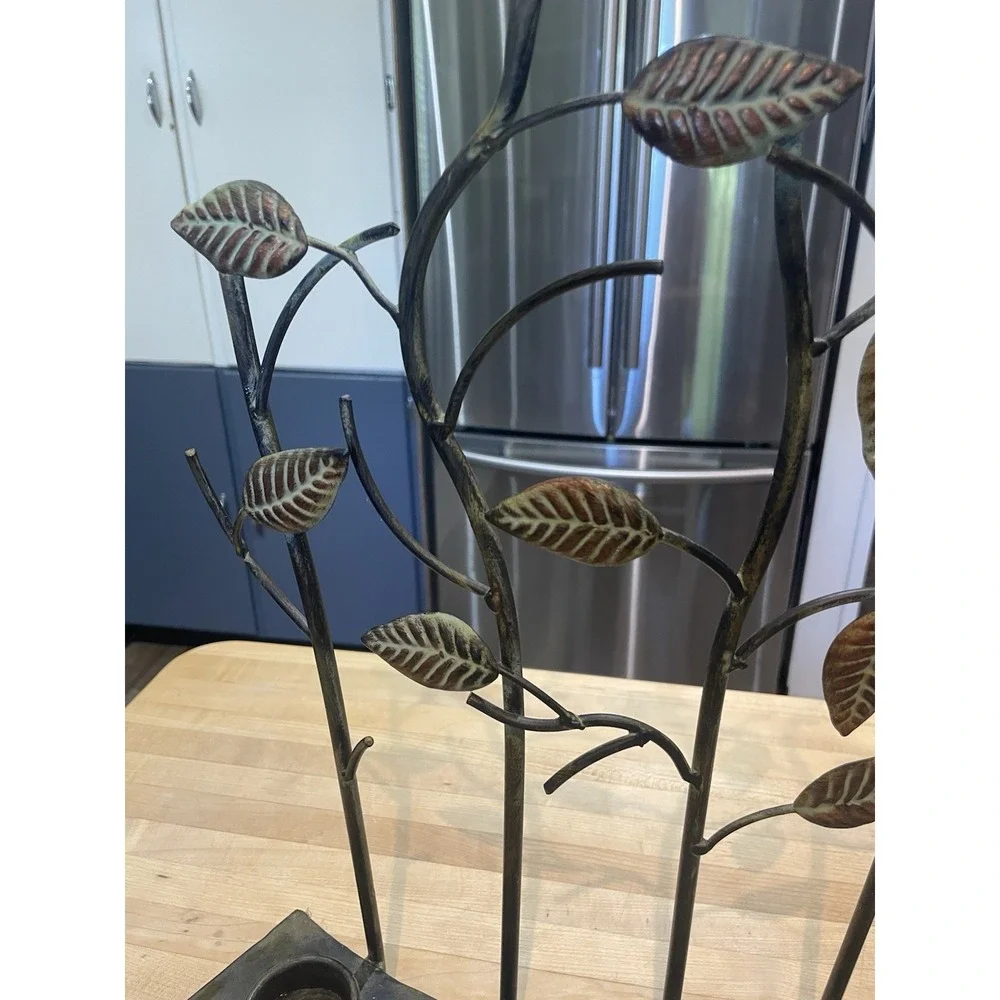 Bronze & Green Twig & Leaf Metal Tea Light 5 Candle Holder Rustic Decor Mantle